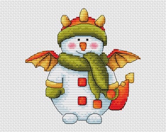 Snowman the Dragon PDF cross stitch pattern - Little Cute Snowman - design for plastic canvas - Christmas tree decoration