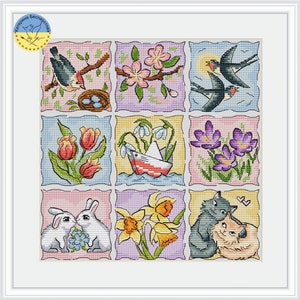Spring Sampler miniaturen PDF kruissteekpatroon - Lentebloemen dieren vogels geteld kruissteekpatroon - Minipatronen kruissteek