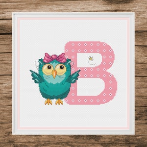 Uil kinderen monogram letter B - PDF kruissteekpatroon - kruissteek initialen B - babymeisje alfabet - geteld kruissteekdiagram