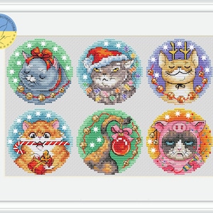 Christmas cats PDF cross stitch pattern - Cute Cat Sampler cross stitch - Cat Lover Gift - Cat counted chart - New Year Cats embroidery
