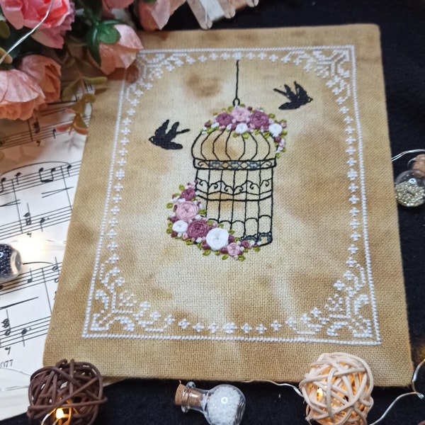 Retro bird cage with flowers PDF cross stitch pattern - black swallows cross stitch - Сage embroidery chart - Romantic counted pdf chart