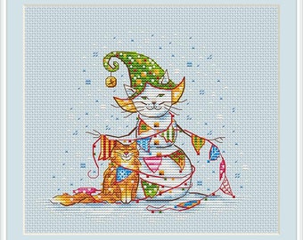 May include: A white cat wearing a green hat and a red, white, and blue scarf is surrounded by colorful flags. A smaller orange cat is sitting next to the larger cat. The background is a light blue with white dots.