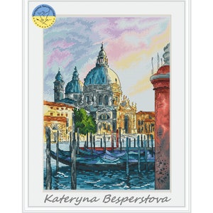 Padrões de ponto cruz em PDF da Basílica de Santa Maria della Salute - Ponto cruz de Veneza - Bordado Cena da Cidade - Ponto cruz Cena de Veneza