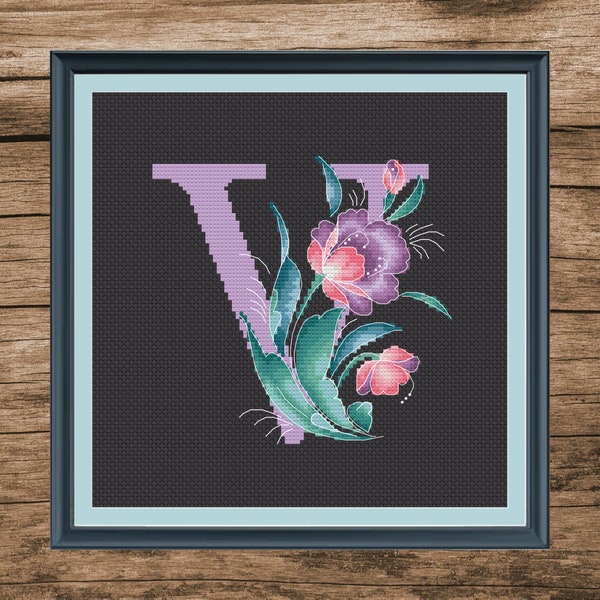 Floral letter V - Folk pdf cross stitch pattern - Flower monogram - counted cross stitch chart - Zhostovo style