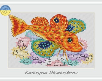 Gurnard fish PDF cross stitch pattern - Sea robins cross stitch - Gift For Fishermen - Funny orange fish embroidery chart