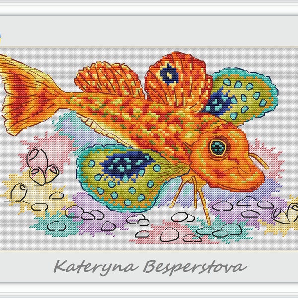 Gurnard fish PDF cross stitch pattern - Sea robins cross stitch - Gift For Fishermen - Funny orange fish embroidery chart