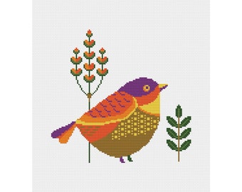 Polly Pájaro y flor PDF Patrón punto de cruz - Lindo pajarito punto de cruz - Punto de cruz contado Pájaro - Bordado primitivo punto x