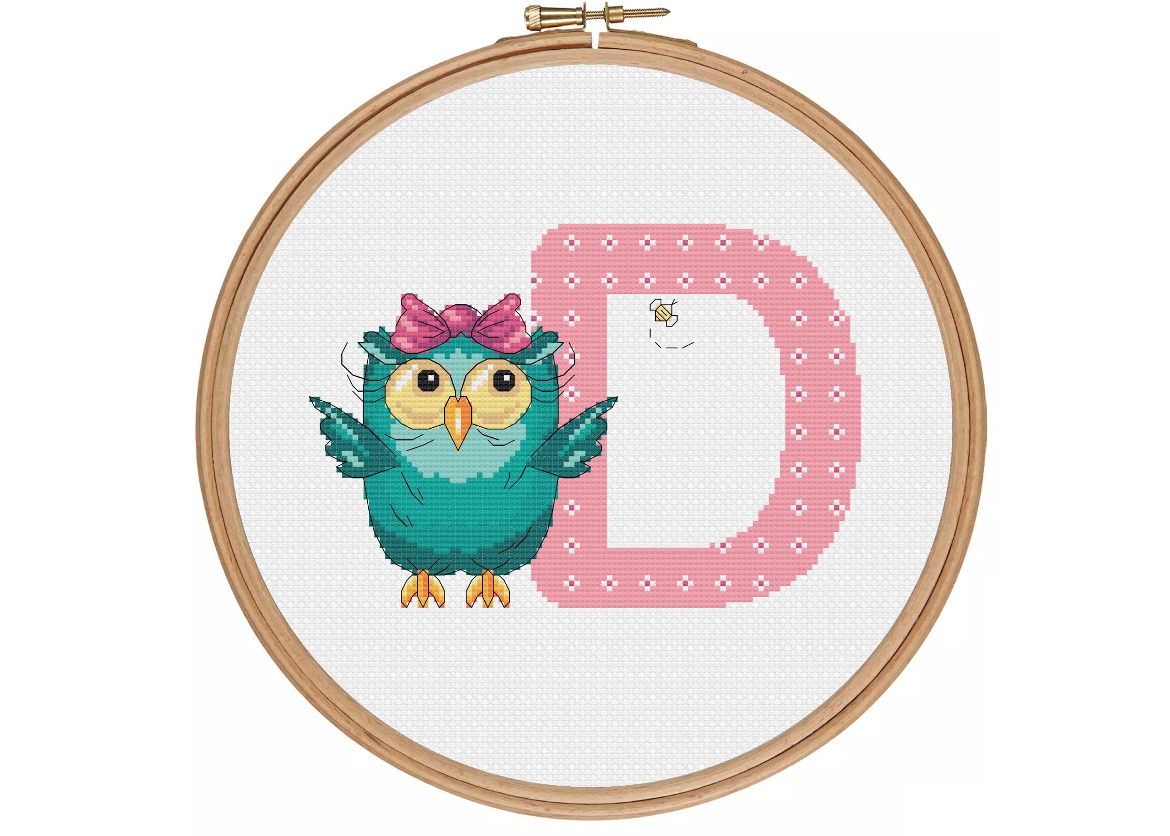 Owl Children Monogram letter D - PDF cross stitch pattern - Cross Stitch Initials D - Baby Girl Alph