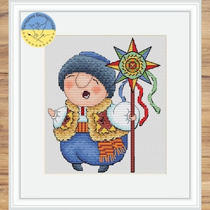 Shepherd boy singing Carol of the bells cross stitch - Funny Ukrainian Boy counted chart - Slavic Folk Style embroidery pdf  - Little boy