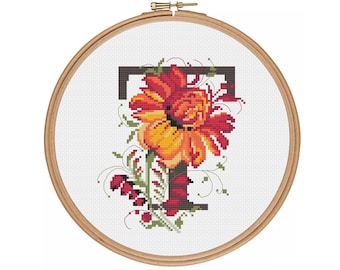 Floral letter T - Cross stitch Monogram pattern T - Folk Traditional style - PDF pattern - Flower monogram counted cross stitch chart