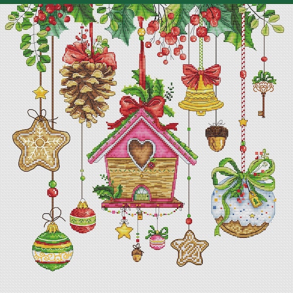 Christmas tree decoration PDF cross stitch pattern - Christmas house counted pdf chart - New Year cozy x-stitch