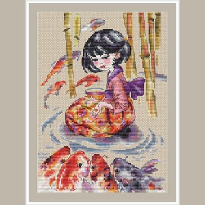 Girl with Koi carps PDF cross stitch patterns - Koi embroidery - Gold carps downloadable pattern - Beautiful Girl cross stitch