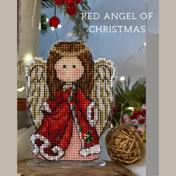 Christmas Red Angel PDF cross stitch pattern angel - Angel Girl counted chart - Baby Girl angel small pattern - pattern for Plastic canvas
