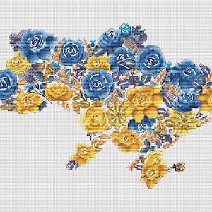 Ukrainian Floral Map PDF cross stitch pattern - Ukraine map embroidery pdf chart - Blue Yellow Roses cross stitch pattern