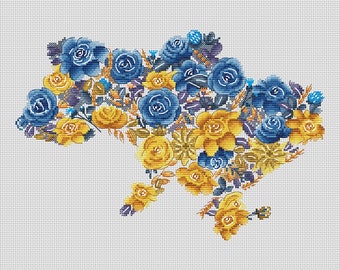 Ukrainian Floral Map PDF cross stitch pattern - Ukraine map embroidery pdf chart - Blue Yellow Roses cross stitch pattern