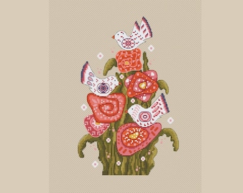 Pájaros y flores Estilo Folk PDF Patrón Punto de Cruz - Lindos Pájaros Punto de Cruz - Punto de cruz contado Pájaro - Bordado moderno punto de cruz