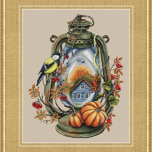 Herfstlantaarn - PDF-kruissteekpatroon - Herfstboeket geteld pdf-diagram - Vogels Natuur borduurwerk - Seizoenen geteld pdf-diagram