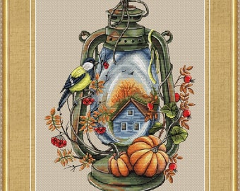 Autumn Lantern - PDF cross stitch pattern - Autumn bouquet counted pdf chart -  Birds Nature embroidery - Seasons counted pdf chart