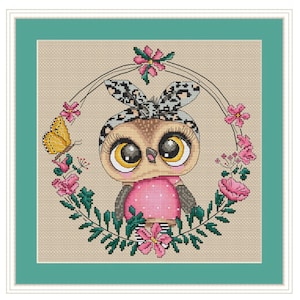 Cute Little Owl PDF Cross Stitch Pattern - Cute Cross Stitch Wreath - Counted cross stitch Birds - Modern embroidery Funny Owl Girl
