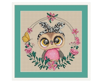 Cute Little Owl PDF Cross Stitch Pattern - Cute Cross Stitch Wreath - Counted cross stitch Birds - Modern embroidery Funny Owl Girl