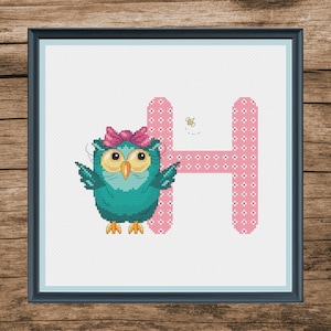 Uil kinderen monogram letter H - PDF kruissteekpatroon - kruissteek initialen H - babymeisje roze alfabet - geteld kruissteekdiagram