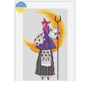 Ukrainian Motanka PDF Cross Stitch Pattern - Witch and Moon counted chart - Slavic woman embroidery - Folk style witch xstitch pattern