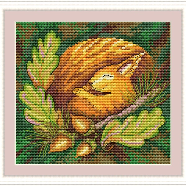 Sleeping Squirrel PDF cross stitch pattern - Squirrel cross stitch - Autumn wreath embroidery - Little Squirrel counted PDF - Cute Squirrel