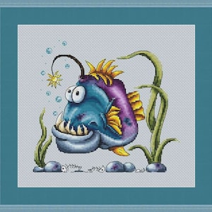 Funny Anglerfish  - PDF cross stitch pattern - Fish with a light - Deep sea creepy fish cross stitch - Gift For Fishermen - Funny fish