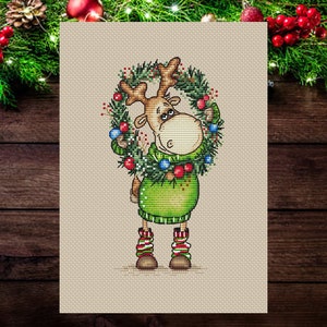 Cute Christmas Deer with a Wreath PDF cross stitch pattern - Funny Elk  x-stitch chart - Deer counted pdf pattern - Happy New Year xstitch