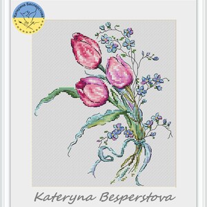 Patrón de punto de cruz PDF de Tulipanes de Ternura de Primavera - Punto de cruz de tulipanes - Gráfico contado de ramo de primavera - Gráfico de tulipanes florales