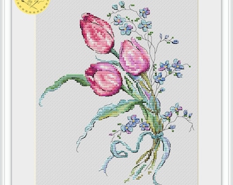 May include: A cross-stitch pattern featuring a bouquet of pink tulips and blue forget-me-nots tied with a blue ribbon. The pattern is titled "Kateryna Besperstova".