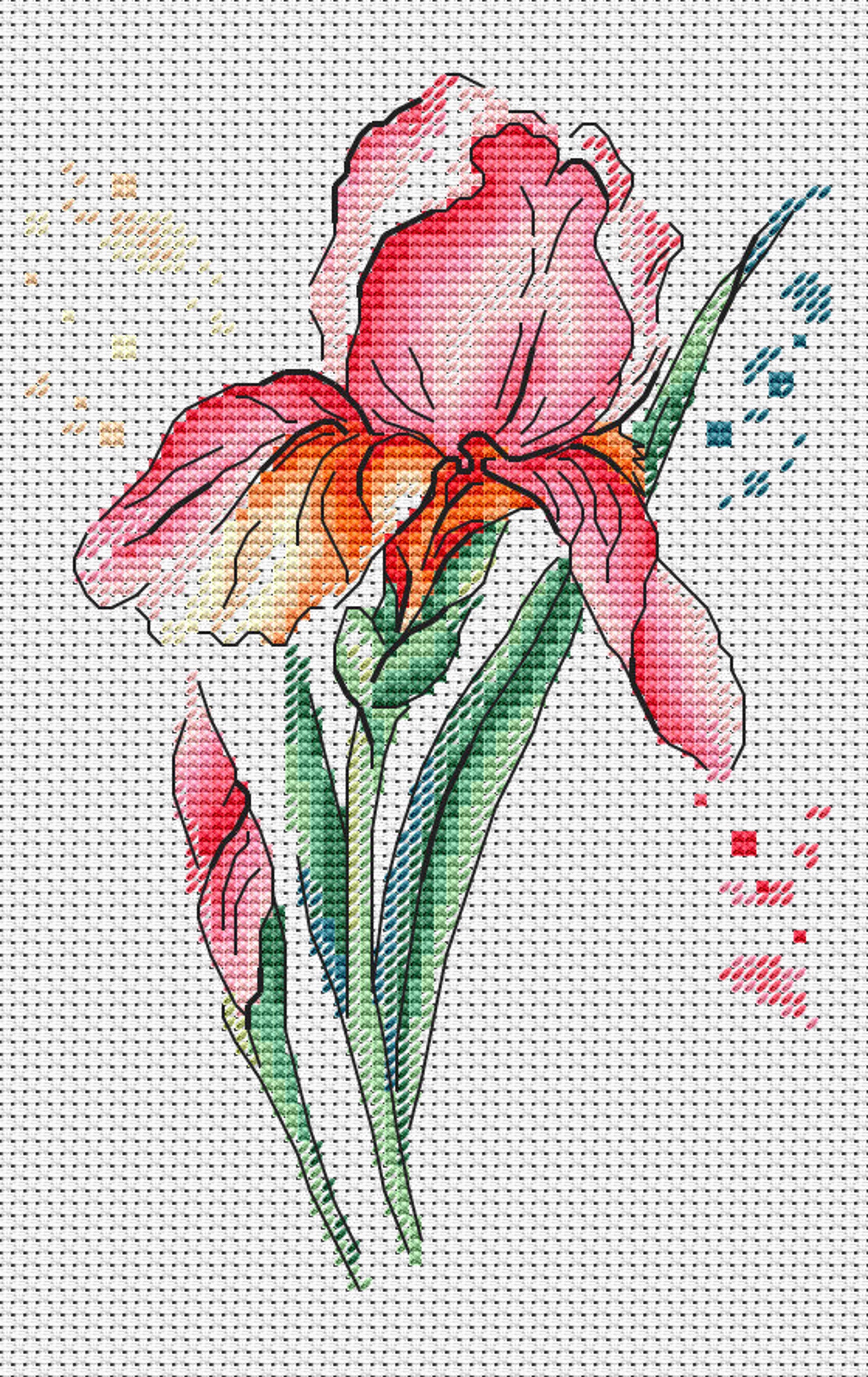 Pink Iris Flower PDF Cross Stitch Pattern Watercolor Style | Etsy