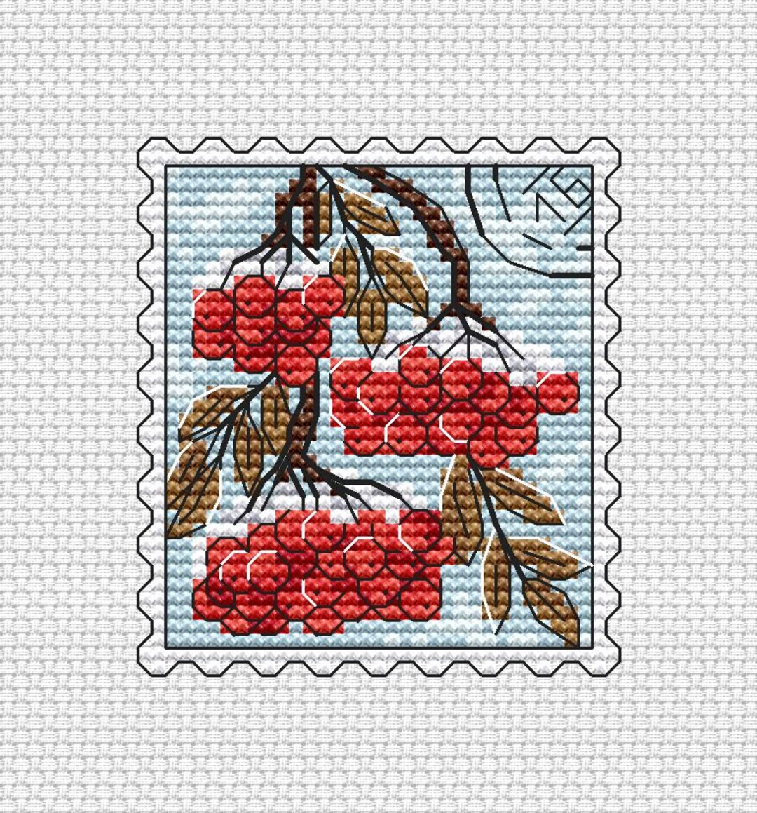 Winter Rowan Post Stamp PDF Cross Stitch Pattern - Red Berries Chart ...