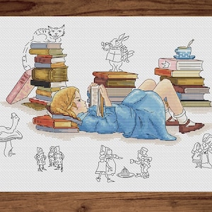 Alice in Wonderland  - PDF cross stitch pattern - Alice reads cross stitch - Books embroidery - Alice in Wonderland counted pdf chart