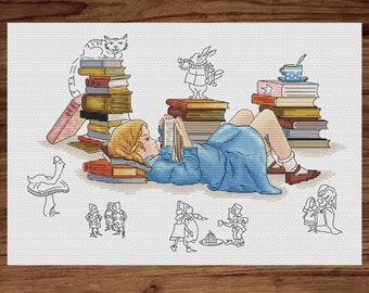 不思議の国のアリス - PDF クロスステッチ パターン - アリスがクロスステッチを読む - 本の刺繍 - 不思議の国のアリスの PDF チャート
