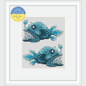 Funny Anglerfish  - PDF cross stitch pattern - Fish with a light - Deep sea creepy fish cross stitch - Gift For Fishermen - Funny fish