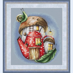 May include: A red teapot with white polka dots is used as a house. The teapot has a small wooden door and a window with a yellow light. The house is built on top of a mushroom with a ladder leading up to the door. A snail is perched on top of the mushroom. The background is a light blue.