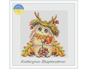 Forest Fairy PDF cross stitch pattern - Autumn counted cross stitch - Fantasy embroidery pdf - Magic Forest pattern - Mushrooms and eikels