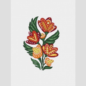 Red flowers Folk Style PDF Cross Stitch Pattern - Bouquet Cross Stitch - Counted cross stitch Bird - Modern embroidery x-stitch