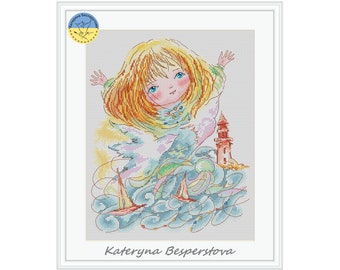 Girl and the sea PDF cross stitch patterns - Little Girl cross stitch chart - Children embroidery pdf chart - Sea counted chart