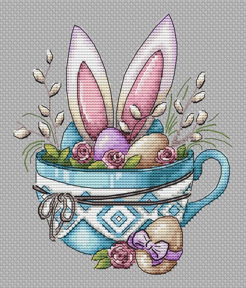 Happy Easter PDF Cross Stitch Pattern - Easter Bunny in a Cup Counted ...