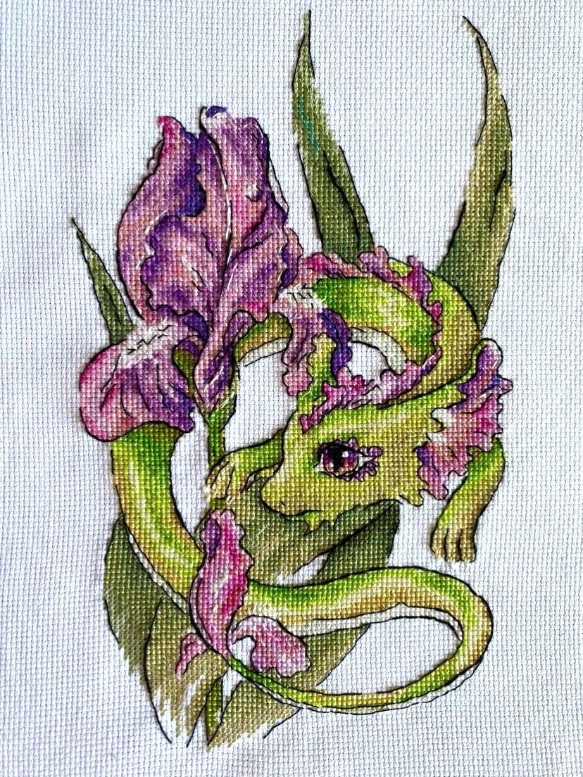 Iris Dragon PDF Cross Stitch Pattern - Green Dragon in Flowers - Dragon ...