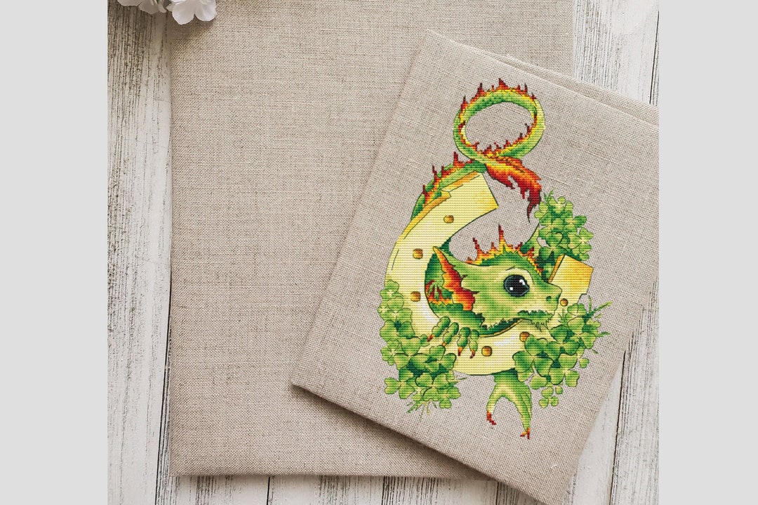 Lucky Dragon PDF Cross Stitch Pattern - Green Dragon in Clover Leaves ...