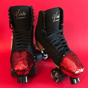 FAST CAP roller skate toe guards. Roller skate toe caps ~ Ruby Red reversable sequin