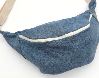 Banane / Pochette rangement en matière jean - Doublée coton - Bleu - Upcycling