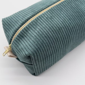 Large corduroy toiletry or makeup bag Peacock green Gold closure image 3