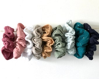 Scrunchie Ella - Gold in double cotton gauze - Several colors (Pink, White, Blue, Mustard yellow, Grey, Khaki) - Hair scrunchie