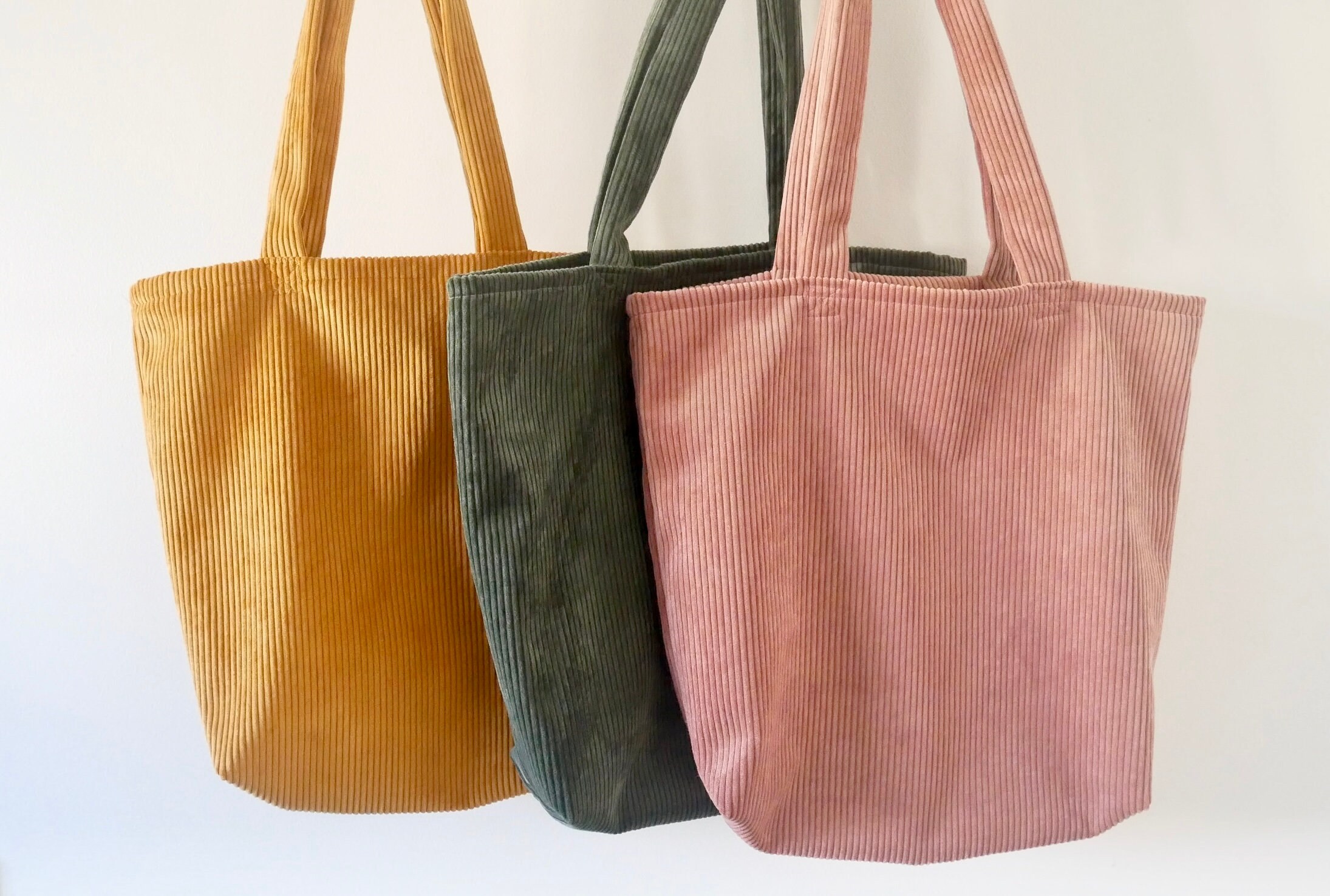 Tote bag en velours cotele double Avec pochette et mousqueton Kaki Jaune moutarde Rose clair Sac cabas Sac fourre tout Etsy