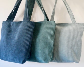 Tote bag en velours côtelé doublé - Avec pochette et mousqueton - Bleu/Vert paon/Bleu clair - Sac cabas/Sac fourre tout