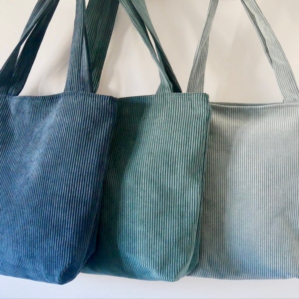 Tote bag en velours côtelé doublé - Avec pochette et mousqueton - Bleu/Vert paon/Bleu clair - Sac cabas/Sac fourre tout